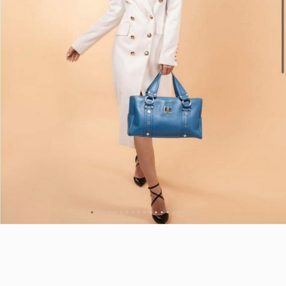 MCM Blue Leather Boston Satchel Tote Bag Silver Tone Hard Ware 🛍